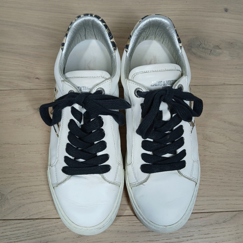 Zadig & Voltaire Paris White Leathe Leopard Print Low Top Sneakers 1597 - Picture 3 of 14